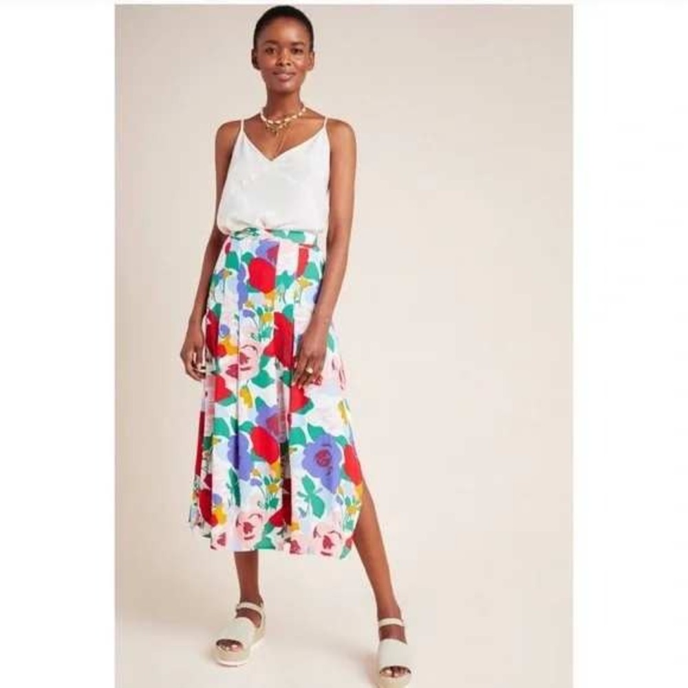 Faithfull The Brand Floral Midi Skirt Red Purple Rose Pleated Side Slit Size 8
